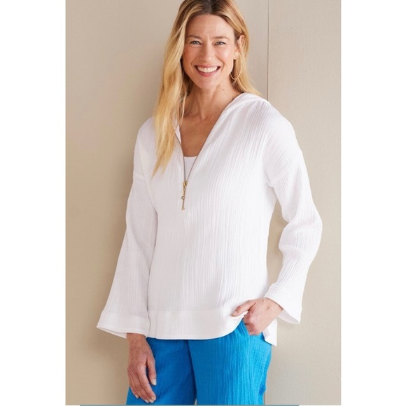 Soft Surroundings Tops - Soft Surroundings Kemia White Gauze Hooded Pullover with Gold Zipper NWOT